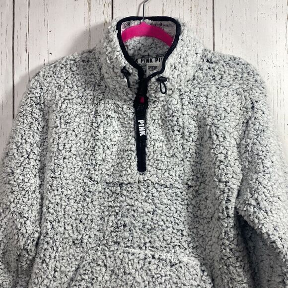 Victorias Secret PINK Sherpa Quarter-Zip Pullover Light Gray Fleece Sweatshirt - Picture 8 of 16